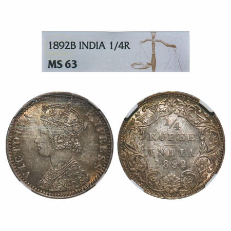 Victoria Empress, Silver, 1/4 Rupee, 1892, Bombay Mint, C(i)/I, 'B' incused, Queens jabot 