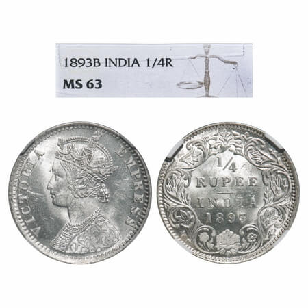 Victoria Empress, Silver, 1/4 Rupee, 1893, Bombay Mint, C(i)/I, 'B' incused, Queens jabot 