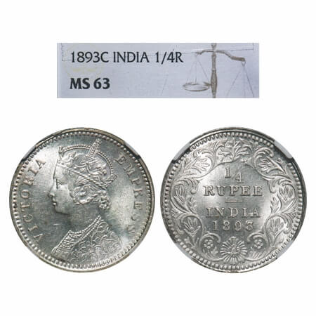 Victoria Empress, Silver, 1/4 Rupee, 1893, Calcutta Mint, C/II, 'C' incused, Queens jabot 