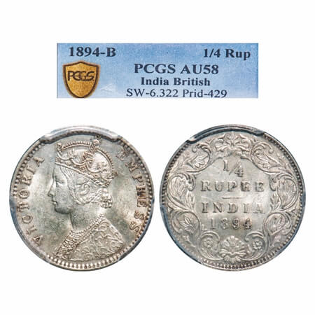 Victoria Empress, Silver, 1/4 Rupee, 1894, Bombay Mint, C(i)/I, 'B' incused, Queens jabot 