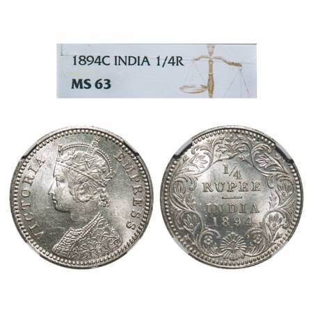 Victoria Empress, Silver, 1/4 Rupee, 1894, Calcutta Mint, C/II, 'C' incused, Queens jabot 