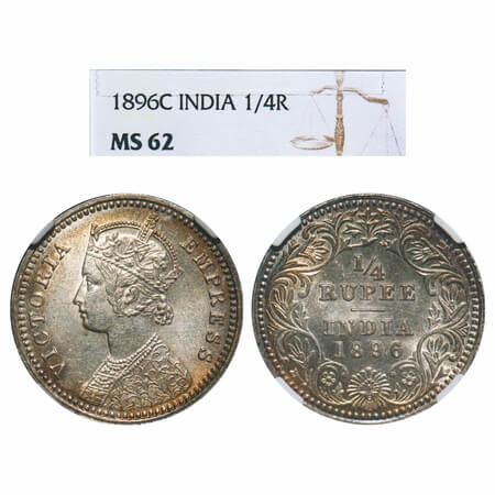 Victoria Empress, Silver, 1/4 Rupee, 1896, Calcutta Mint, C/II, 'C' incused, Queens jabot 