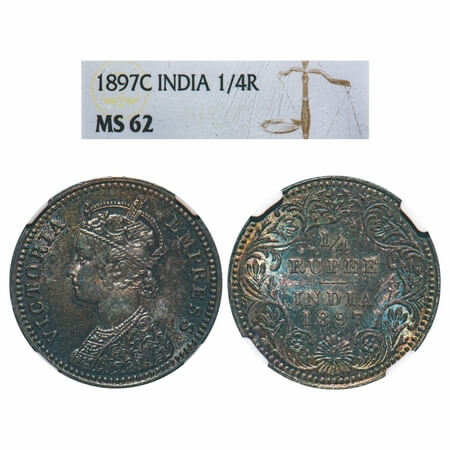 Victoria Empress, Silver, 1/4 Rupee, 1897, Calcutta Mint, C/II, 'C' incused, Queens jabot 