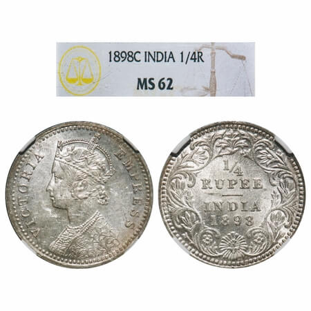 Victoria Empress, Silver, 1/4 Rupee, 1898, Calcutta Mint, C/II, 'C' incused, Queens jabot 