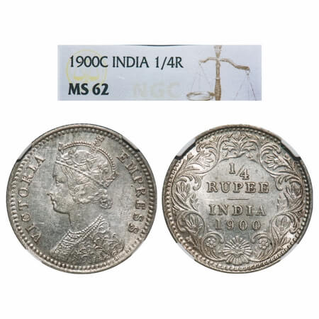 Victoria Empress, Silver, 1/4 Rupee, 1900, Calcutta Mint, C/II, 'C' incused, Queens jabot 