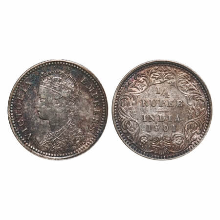 Victoria Empress, Silver, 1/4 Rupee, 1901, Calcutta Mint, C/II, 'C' incused, Queens jabot 