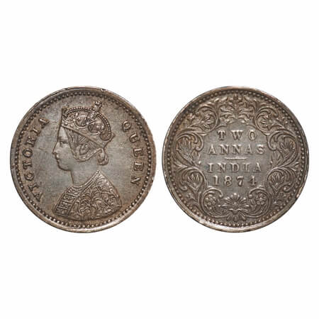 Victoria Queen, Silver, 2 Annas, 1874, Bombay Mint, A/I, No mint mark, No dot, Queens jabo