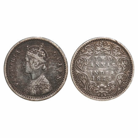 Victoria Queen, Silver, 2 Annas, 1874, Bombay Mint, A/I, Dot, Queens jabot has 4 complete 