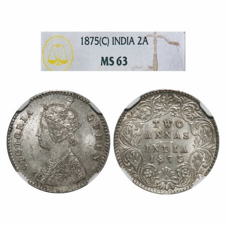 Victoria Queen, Silver, 2 Annas, 1875, Calcutta Mint, A/I, No mint mark, Queens jabot has 