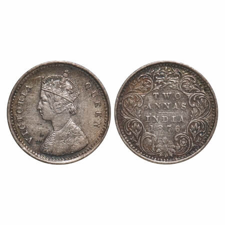Victoria Queen, Silver, 2 Annas, 1876, Bombay Mint, A/I, No mint mark, No dot, Queens jabo