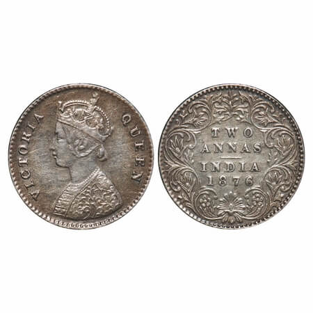 Victoria Queen, Silver, 2 Annas, 1876, Calcutta Mint, A/I, No mint mark, Queens jabot has 