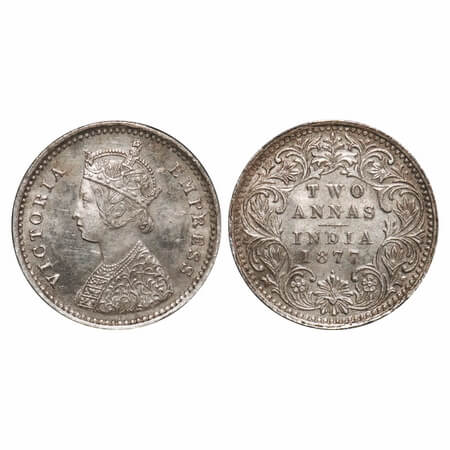 Victoria Empress, Silver, 2 Annas, 1877, Bombay Mint, A/I, Dot, Queens jabot has 4 complet