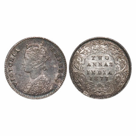 Victoria Empress, Silver, 2 Annas, 1877, Calcutta Mint, A/I, No mint mark, Queens jabot ha