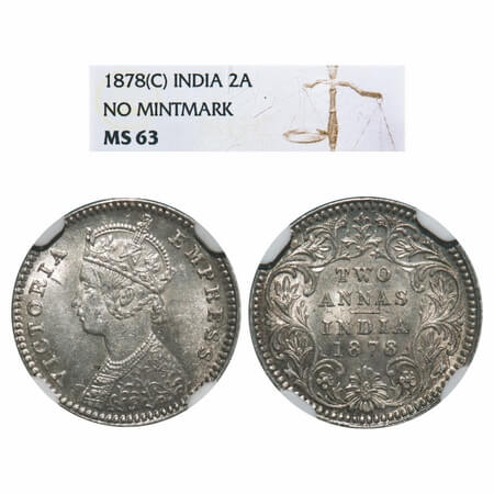 Victoria Empress, Silver, 2 Annas, 1878, Calcutta Mint, B/II, No mint mark, Queens jabot h