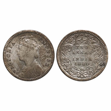 Victoria Empress, Silver, 2 Annas, 1880, Calcutta Mint, B/II, 'C' incused, Queens jabot ha