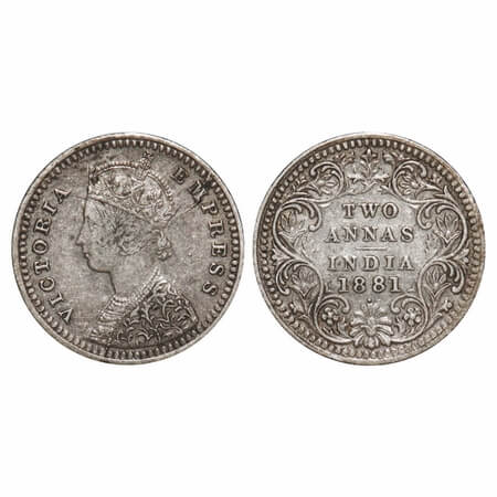 Victoria Empress, Silver, 2 Annas, 1881, Bombay Mint, B/II, Dot, Queens jabot has 3 & 1/2 