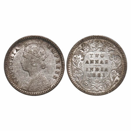 Victoria Empress, Silver, 2 Annas, 1881, Calcutta Mint, B/II, 'C' incused, Queens jabot ha