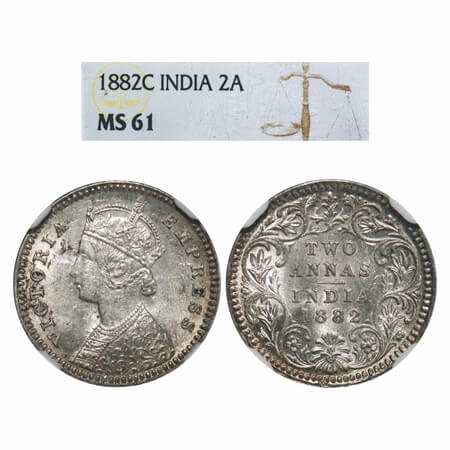 Victoria Empress, Silver, 2 Annas, 1882, Calcutta Mint, B/II, 'C' incused, Queens jabot ha