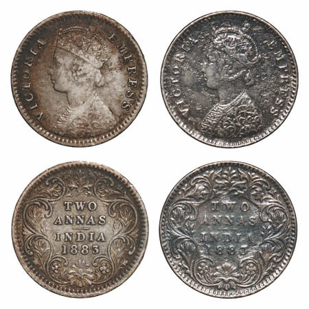 Victoria Empress, Silver, 2 Annas, 1883, (2 coins), 1) Bombay Mint, A/I, Dot, 2)Calcutta M
