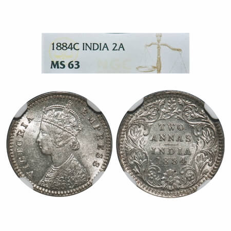 Victoria Empress, Silver, 2 Annas, 1884, Calcutta Mint, B/II, 'C' incused, Queens jabot ha