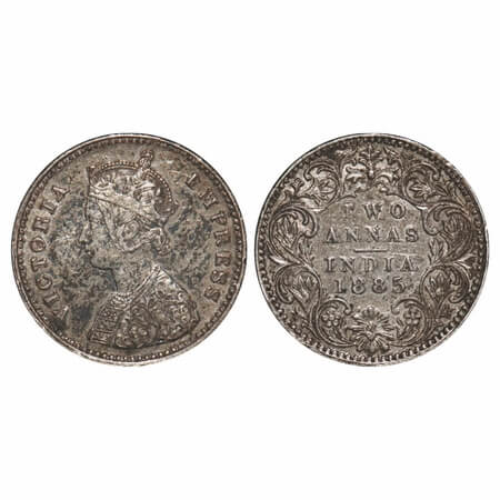 Victoria Empress, Silver, 2 Annas, 1885, Bombay Mint, A/I, 'B' raised, Queens jabot has 4 