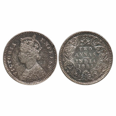 Victoria Empress, Silver, 2 Annas, 1885, Calcutta Mint, B/II, 'C' incused, Queens jabot ha