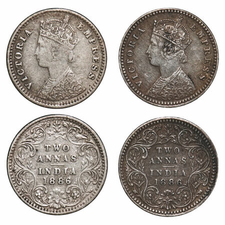Victoria Empress, Silver, 2 Annas, 1886, (2 coins), 1) Bombay Mint, B/II, 'B' incused, Que