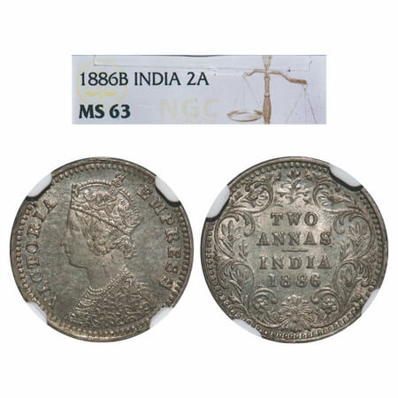 Victoria Empress, Silver, 2 Annas, 1886, Bombay Mint, B/II, 'B' incused, Queens jabot has 