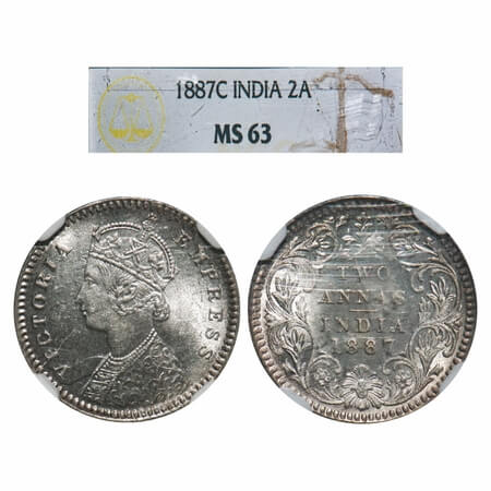 Victoria Empress, Silver, 2 Annas, 1887, Calcutta Mint, B/II, 'C' incused, Queens jabot ha
