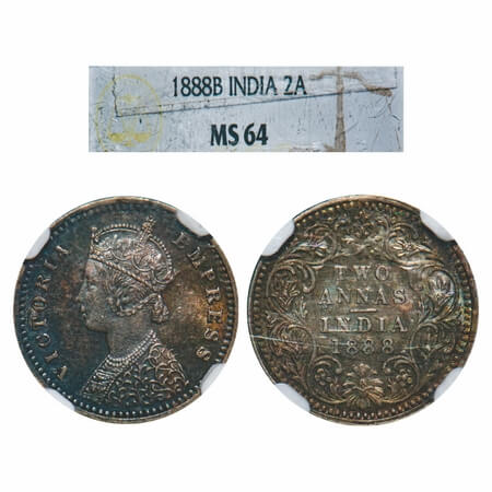 Victoria Empress, Silver, 2 Annas, 1888, Bombay Mint, B/II, 'B' incused, Queens jabot has 