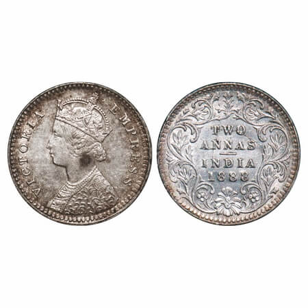 Victoria Empress, Silver, 2 Annas, 1888, Calcutta Mint, B/II, No mint mark, No 'C', Queens