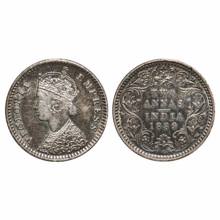 Victoria Empress, Silver, 2 Annas, 1889, Bombay Mint, B/II, 'B' incused, Queens jabot has 