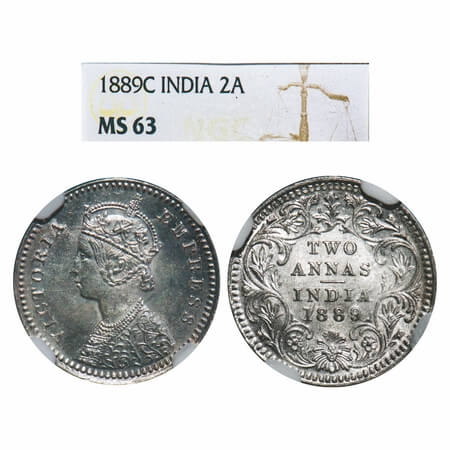 Victoria Empress, Silver, 2 Annas, 1889, Calcutta Mint, B/II, 'C' incused, Queens jabot ha
