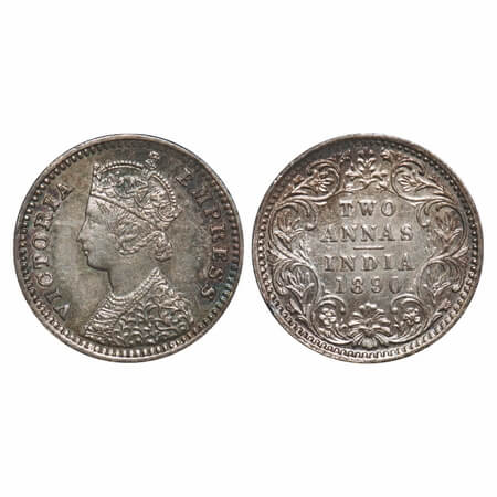 Victoria Empress, Silver, 2 Annas, 1890, Bombay Mint, B/II, 'B' incused, Queens jabot has 