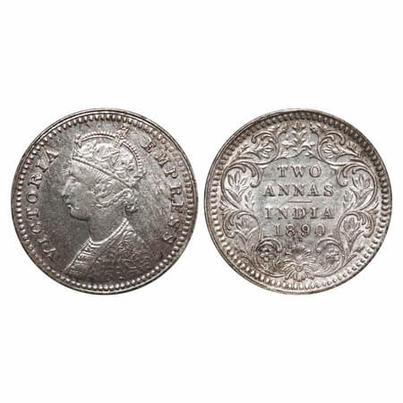 Victoria Empress, Silver, 2 Annas, 1890, Calcutta Mint, B/II, 'C' incused, Queens jabot ha