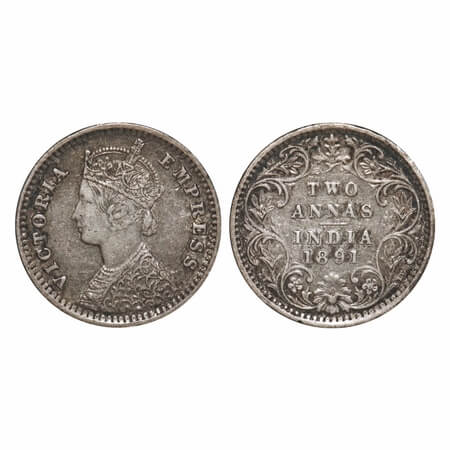 Victoria Empress, Silver, 2 Annas, 1891, Bombay Mint, B/II, 'B' incused, Queens jabot has 