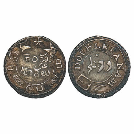 Madras Presidency, Silver Double Fanam, 1.65g, (1808 AD Second Issue). Obv: Two Vertical l