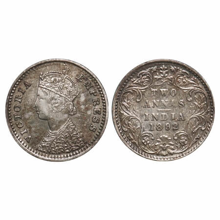 Victoria Empress, Silver, 2 Annas, 1892, Bombay Mint, B/II, 'B' incused, Queens jabot has 