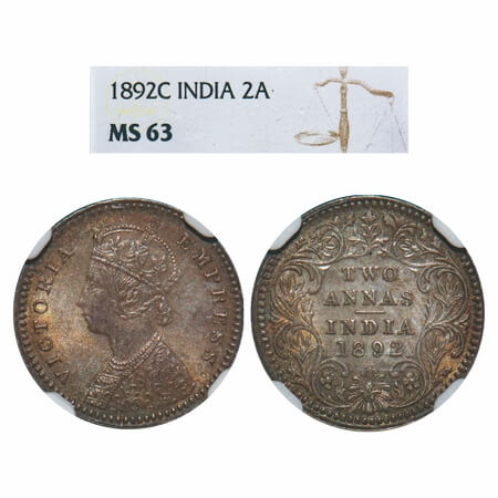 Victoria Empress, Silver, 2 Annas, 1892, Calcutta Mint, B/II, 'C' incused, Queens jabot ha