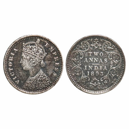 Victoria Empress, Silver, 2 Annas, 1893, Bombay Mint, B/II, 'B' incused, Queens jabot has 