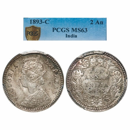 Victoria Empress, Silver, 2 Annas, 1893, Calcutta Mint, B/II, 'C' incused, Queens jabot ha