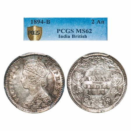 Victoria Empress, Silver, 2 Annas, 1894, Bombay Mint, B/II, 'B' incused, Queens jabot has 