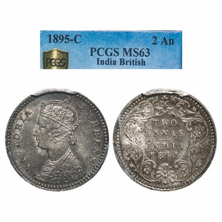 Victoria Empress, Silver, 2 Annas, 1895, Calcutta Mint, B/II, 'C' incused, Queens jabot ha