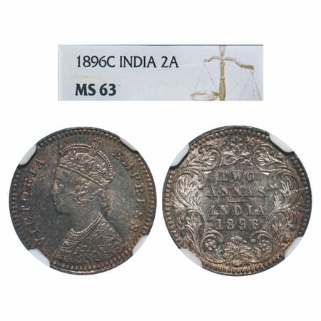 Victoria Empress, Silver, 2 Annas, 1896, Calcutta Mint, B/II, 'C' incused, Queens jabot ha