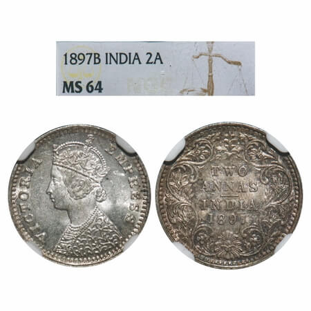 Victoria Empress, Silver, 2 Annas, 1897, Bombay Mint, B/II, 'B' incused, Queens jabot has 