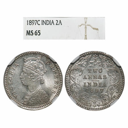 Victoria Empress, Silver, 2 Annas, 1897, Calcutta Mint, B/II, 'C' incused, Queens jabot ha