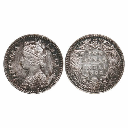 Victoria Empress, Silver, 2 Annas, 1898, Calcutta Mint, B/II, 'C' incused, Queens jabot ha