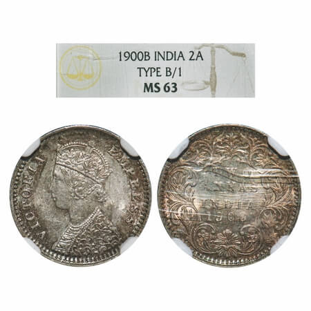 Victoria Empress, Silver, 2 Annas, 1900, Bombay Mint, B/I, 'B' raised, Big 'B', Queens jab
