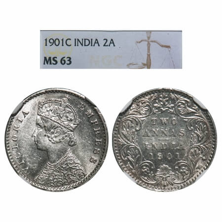 Victoria Empress, Silver, 2 Annas, 1901, Calcutta Mint, B/II, 'C' incused, Queens jabot ha