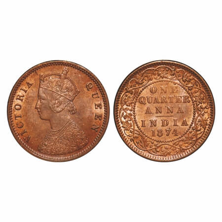 Victoria Queen, Copper, Quarter Anna, 1874, Calcutta Mint, B/II, No mint mark, Queens jabo